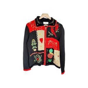 Christmas Cardigan Sweater Patchwork Cardinals Beaded Embellished Holiday PXL